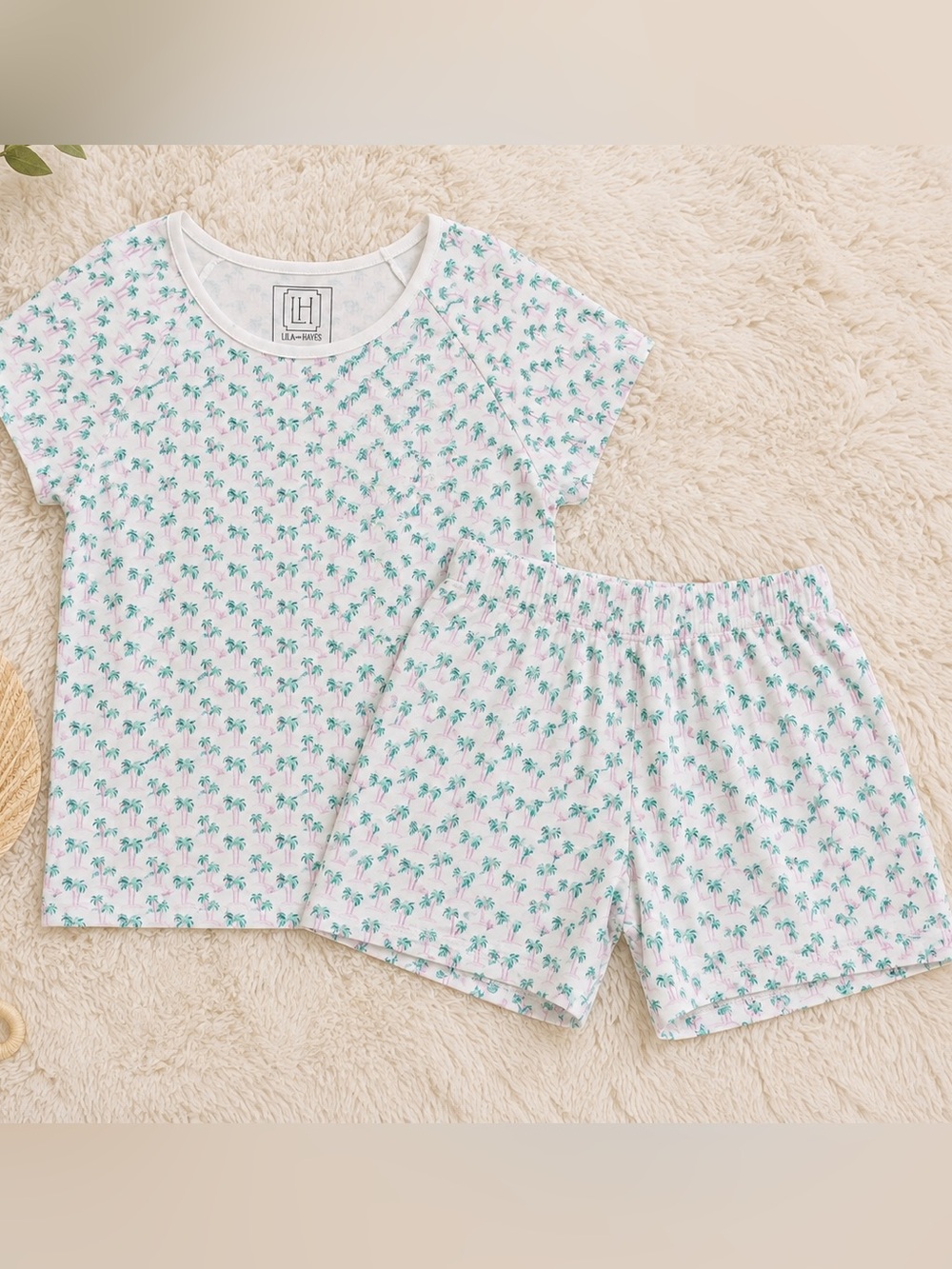 Lila And Hayes Emery Palm Tree Pink Two Piece Shorts Pajama Set NWT
